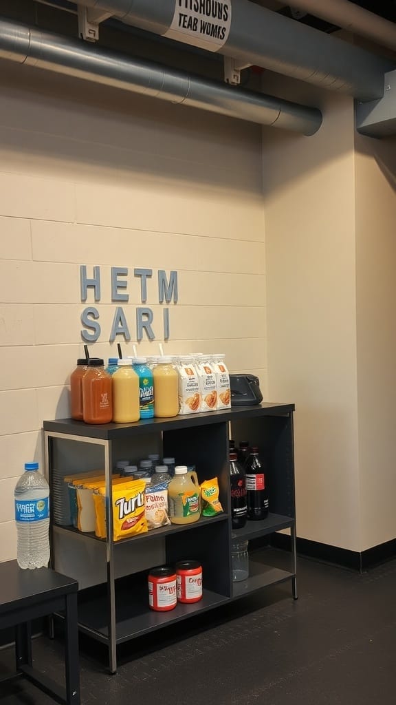 A refreshment station with various drinks and snacks organized on a shelf.