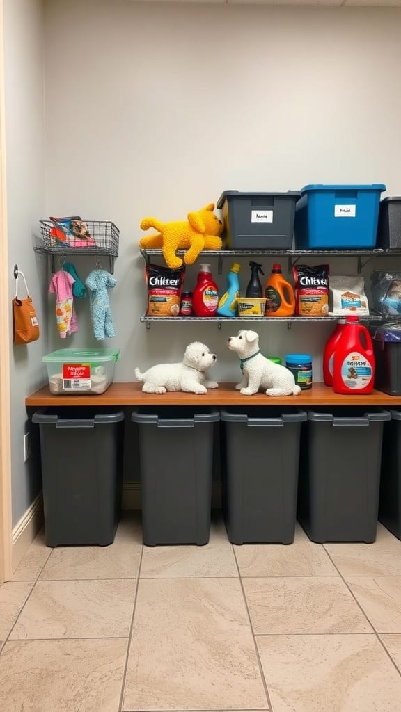 Dollar Store Organization Hacks That Actually Work: 23 Smart Storage Ideas 24 Organized pet supply station with bins, shelves, and decorative items.