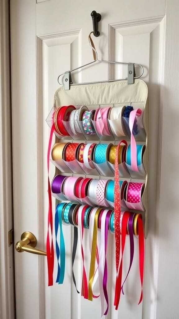 Practical Ribbon Organizing Ideas for a More Organized Craft Space (21 Tips) 4 A hanging shoe organizer filled with colorful ribbon rolls, neatly arranged for easy access.