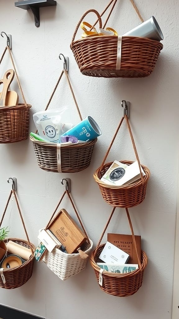 A collection of hanging baskets on a wall, filled with various items like utensils and craft supplies.