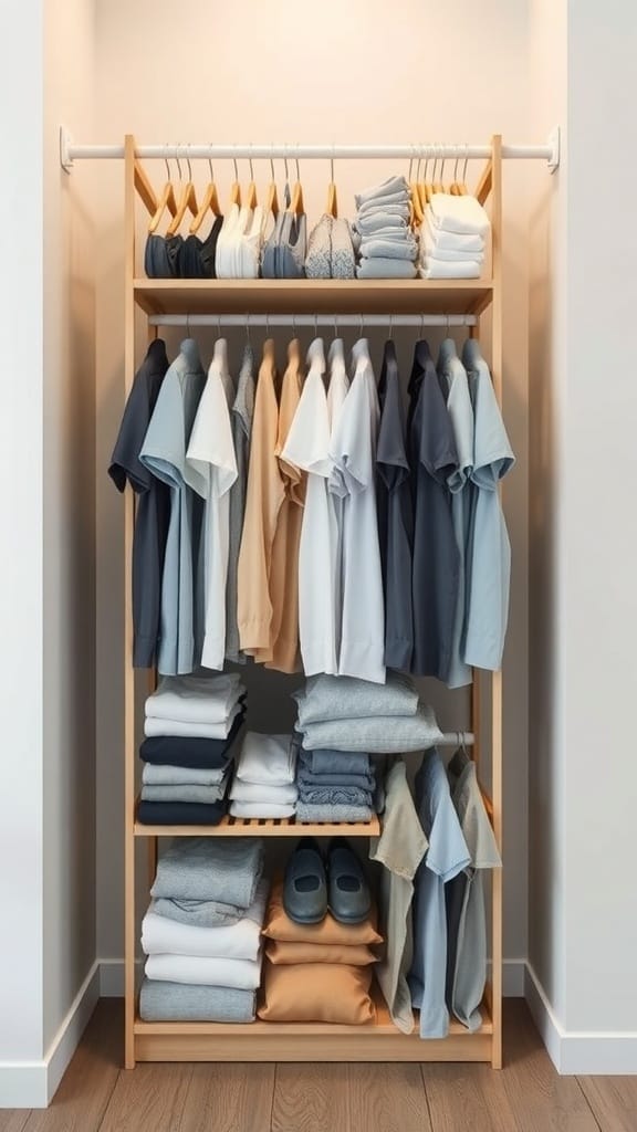 A well-organized closet with shirts on hangers and folded clothes on shelves, showcasing vertical storage solutions.