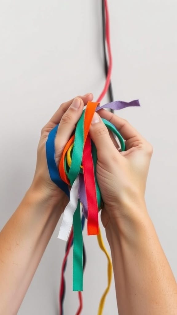 19 Genius Cord and Cable Organization Hacks for a Clutter-Free Space 7 Colorful cable wraps made from old t-shirts, held in hands.