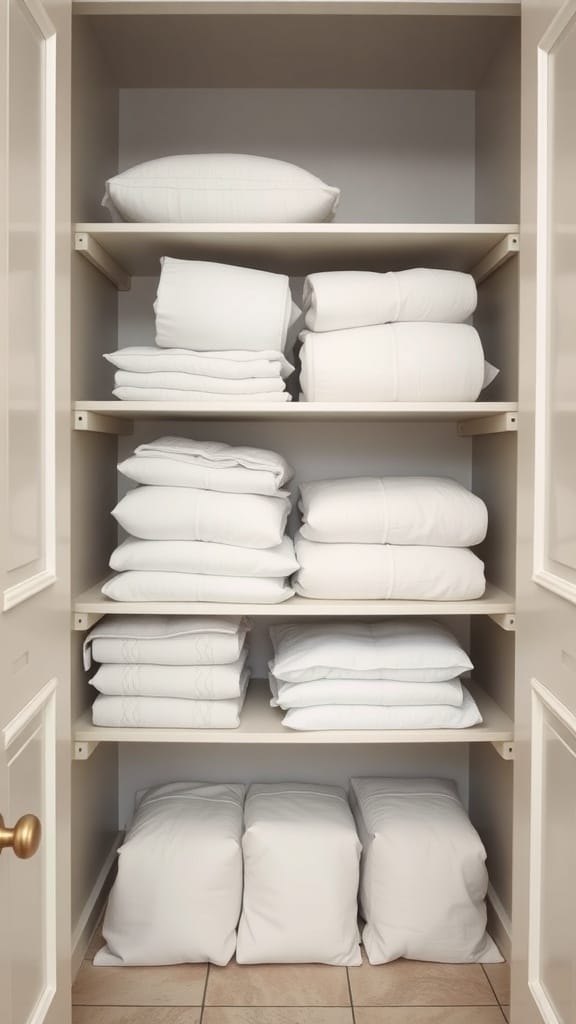 21 Brilliant Linen Closet Organizing Ideas for a Clutter-Free Home 10 Organized linen closet with multi-tiered shelving displaying neatly stacked white linens.