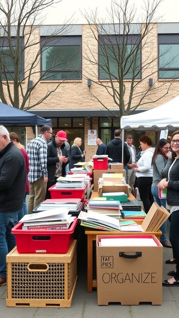 23 Clever and Affordable Organizing on a Budget Tips for a Tidy Home 19 A community swap event with tables filled with organizing supplies and people interacting.