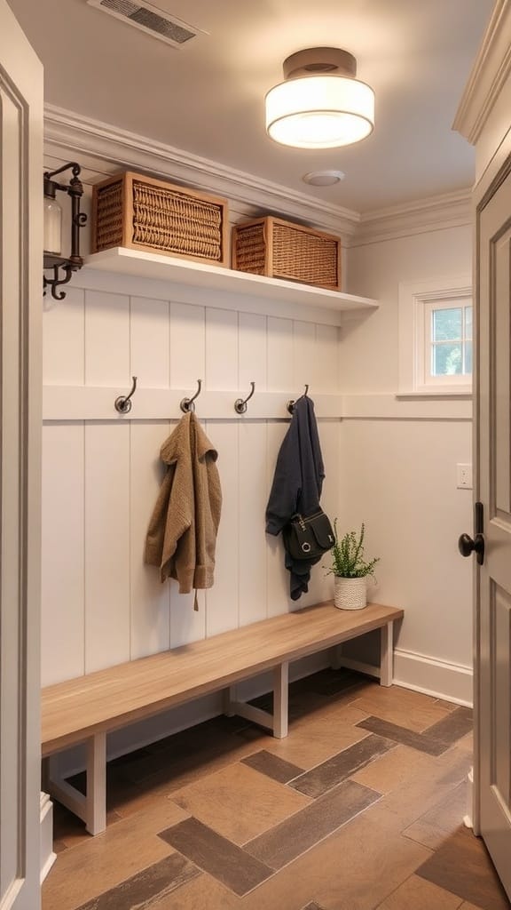 A well-organized mudroom with a ceiling light, hooks for coats, a bench, and baskets for storage.