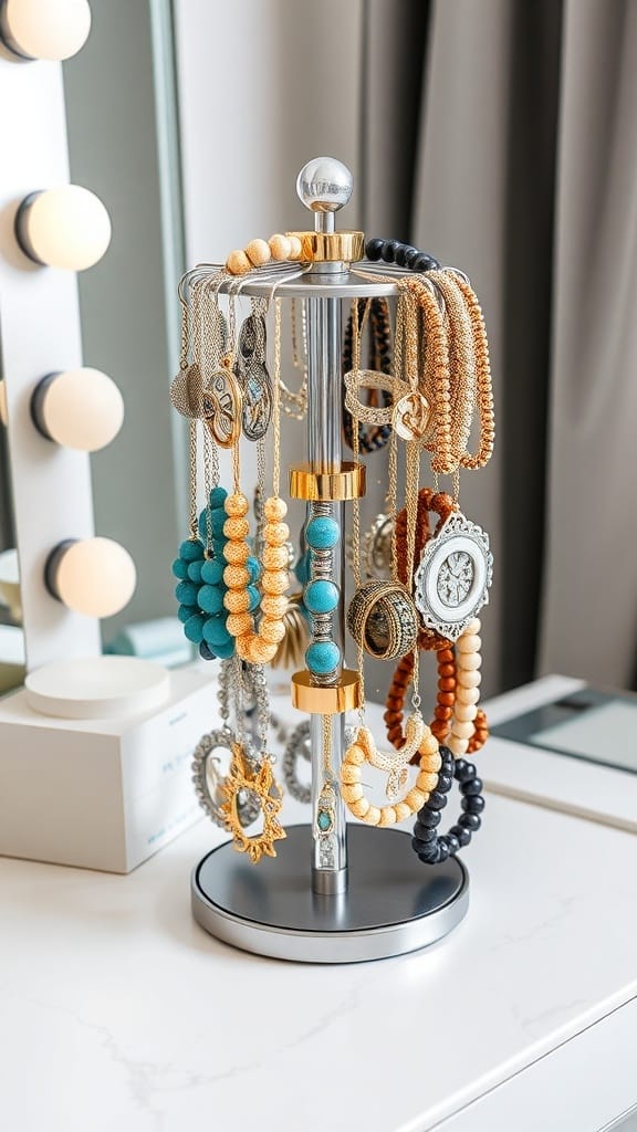 A rotating jewelry organizer displaying various necklaces and bracelets in a stylish manner.