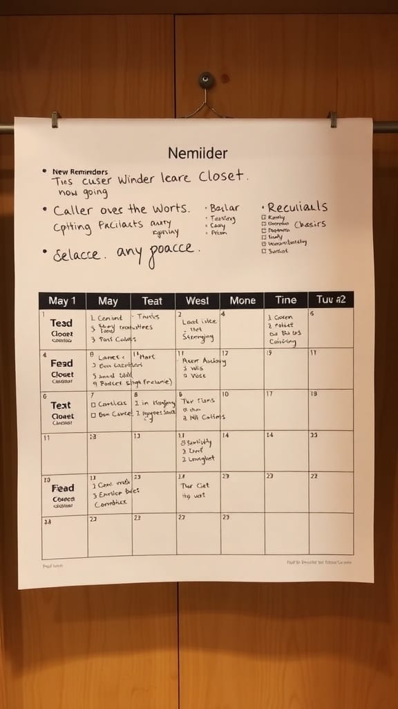 A calendar with a maintenance schedule for closet organization, including tasks for each day.