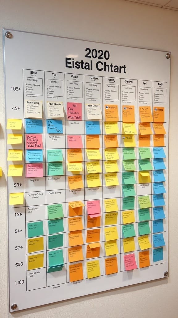 A colorful wall chart filled with sticky notes organized by categories and tasks.