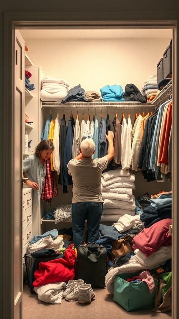 22 Genius Closet Organization Hacks You Need to Try 23 A cluttered closet with clothes and items scattered on the floor, showing the need for organization.