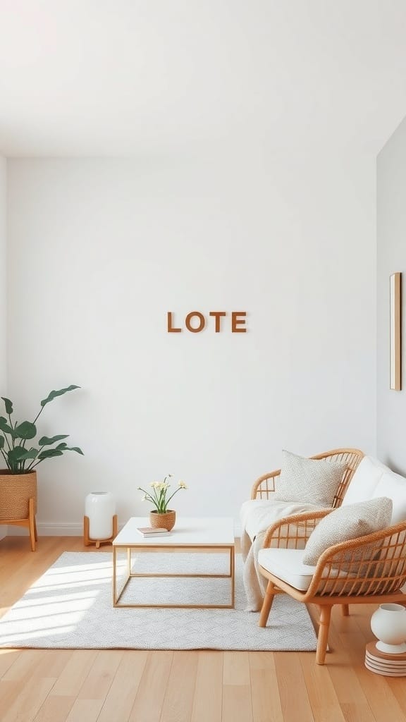 A minimalist living room featuring rattan chairs, a coffee table, and a potted plant.