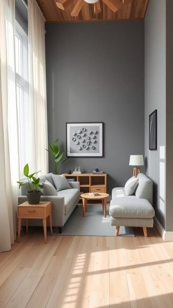 A cozy living room with modular furniture, featuring two light-colored sofas, a small coffee table, and a side table with a plant.