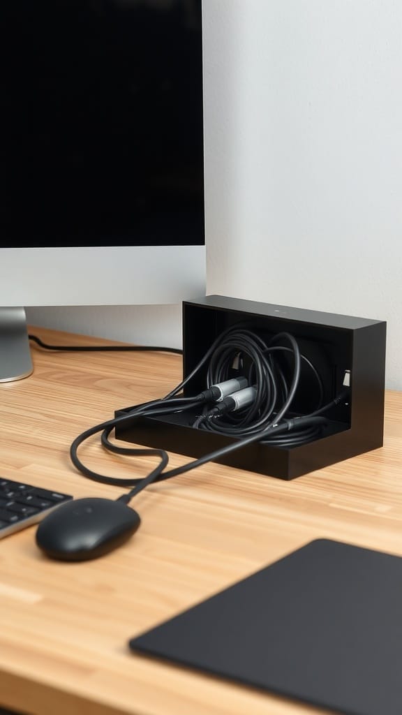 19 Genius Cord and Cable Organization Hacks for a Clutter-Free Space 13 A black cable management box on a wooden desk, containing several cables for a tidy workspace.