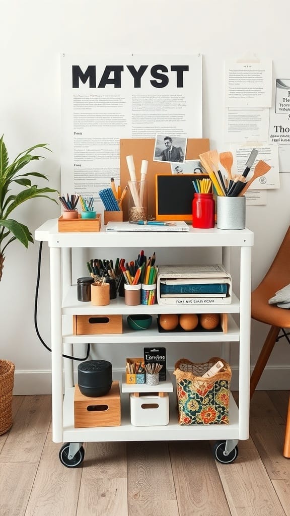A well-organized IKEA cart with colorful stationery and supplies.