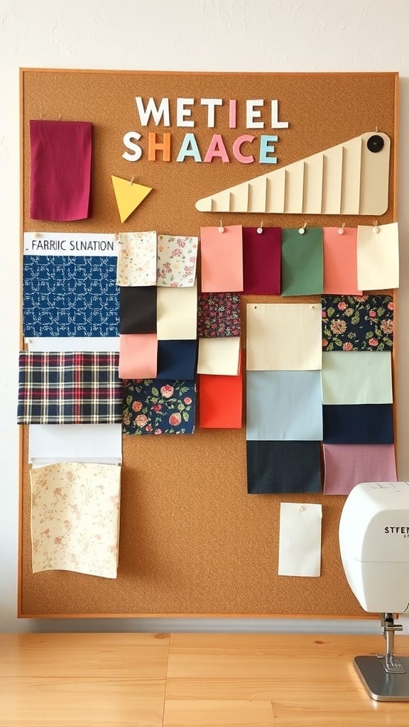 A corkboard displaying various fabric swatches in different colors and patterns, with playful letters at the top.
