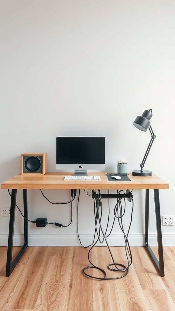 19 Genius Cord and Cable Organization Hacks for a Clutter-Free Space 20 A modern desk setup featuring a computer, lamp, and speaker, with organized cables underneath.