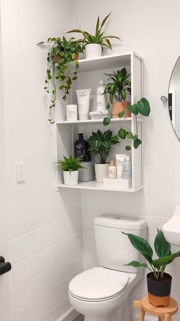 A bathroom corner with a white shelf displaying plants and bathroom products.