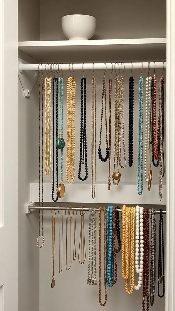 Jewelry organized under a shelf with necklaces hanging from a rod