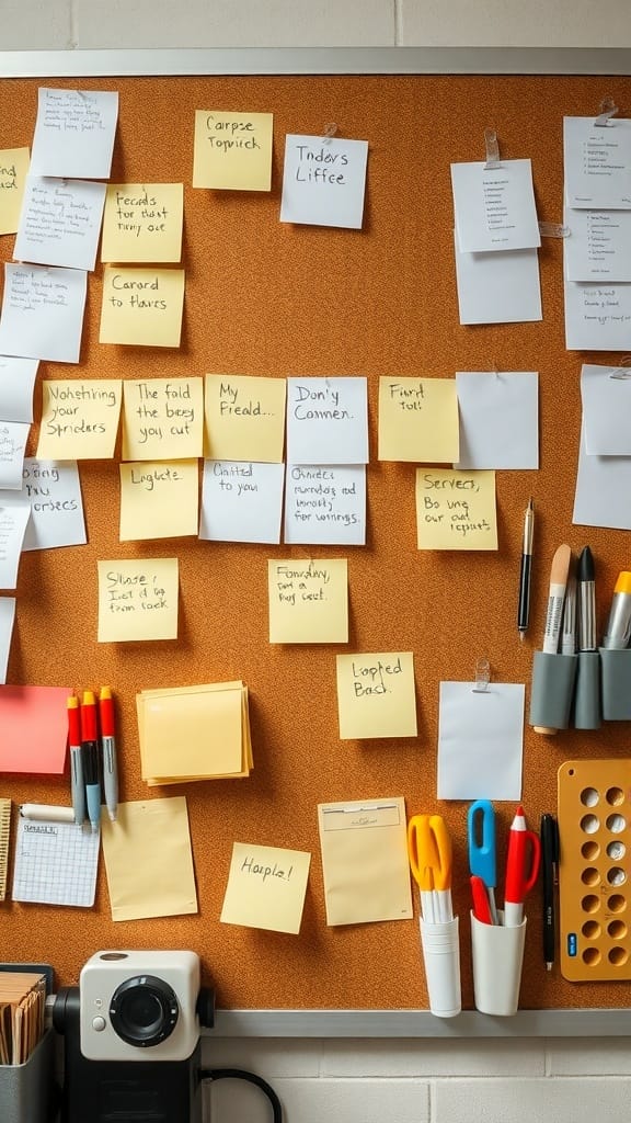 A bulletin board filled with sticky notes and reminders, showcasing an organized workspace.
