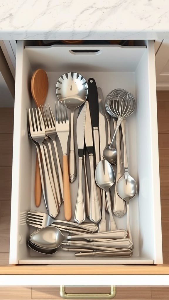 23 Brilliant Kitchen Drawer Organizing Ideas You Need to Try 13 A neatly organized kitchen drawer with adjustable cutlery trays holding various utensils.