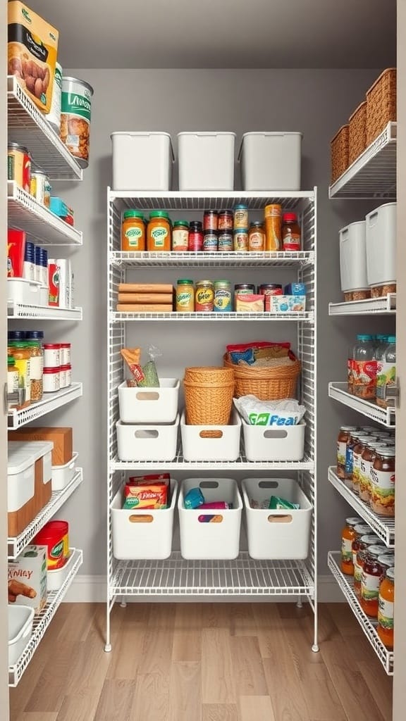Organized kitchen pantry with IKEA racks and bins, showcasing clear bins and woven baskets.