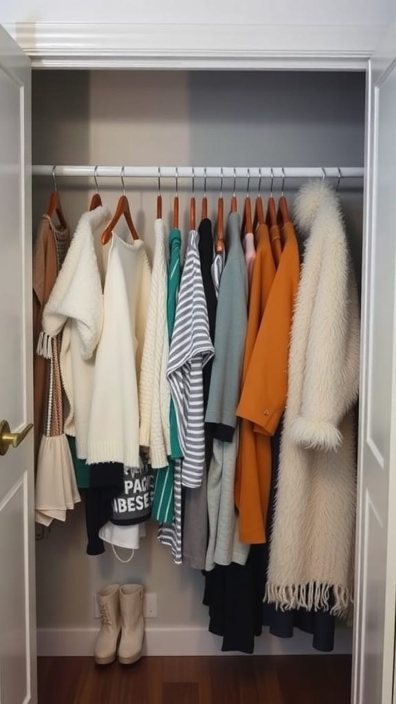 A neatly organized closet with seasonal clothing items hanging on a rack.