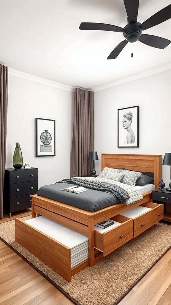 A modern bedroom featuring a multi-functional bed with storage drawers underneath, complemented by dark nightstands and a cozy rug.
