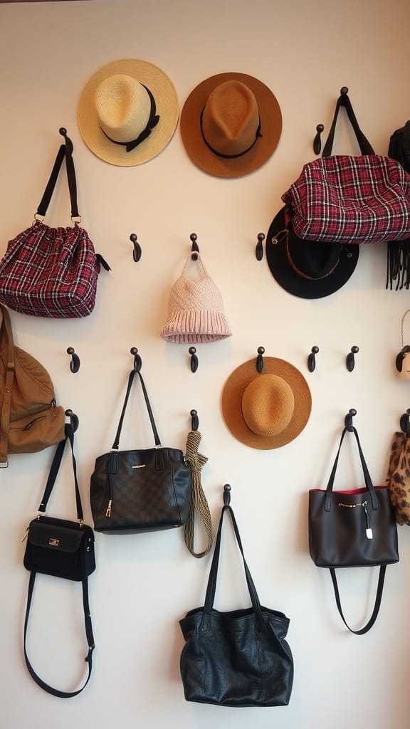 A wall with various hooks displaying hats and bags for organization.