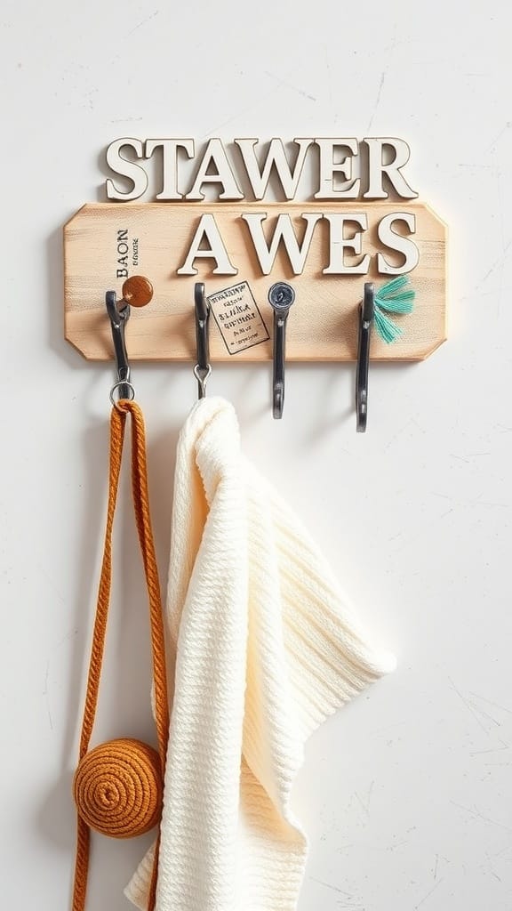 A wooden hook rack with several hooks holding a towel and a decorative yarn ball.