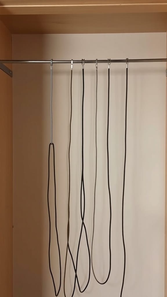 19 Genius Cord and Cable Organization Hacks for a Clutter-Free Space 10 A tension rod with various cables hanging neatly in a closet.