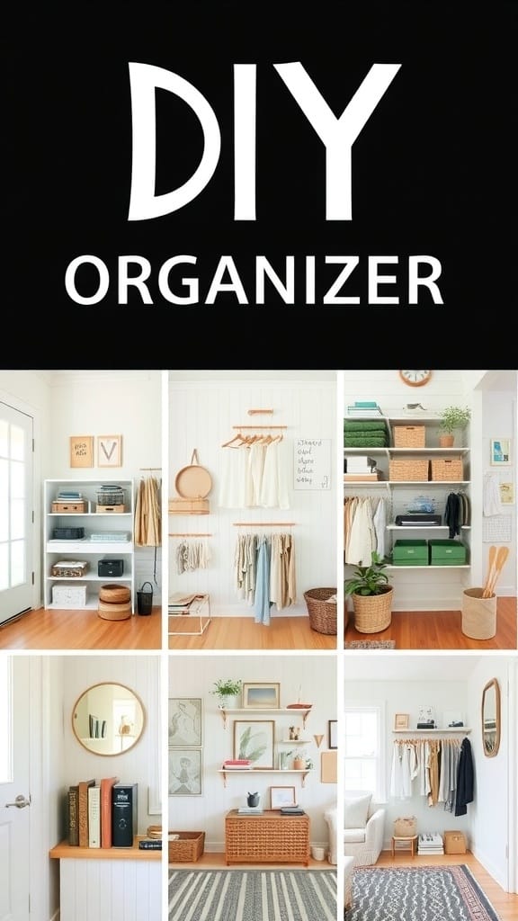 23 Clever and Affordable Organizing on a Budget Tips for a Tidy Home 6 A collage of DIY organizers including shelves, clothing racks, and baskets in a bright, organized space.