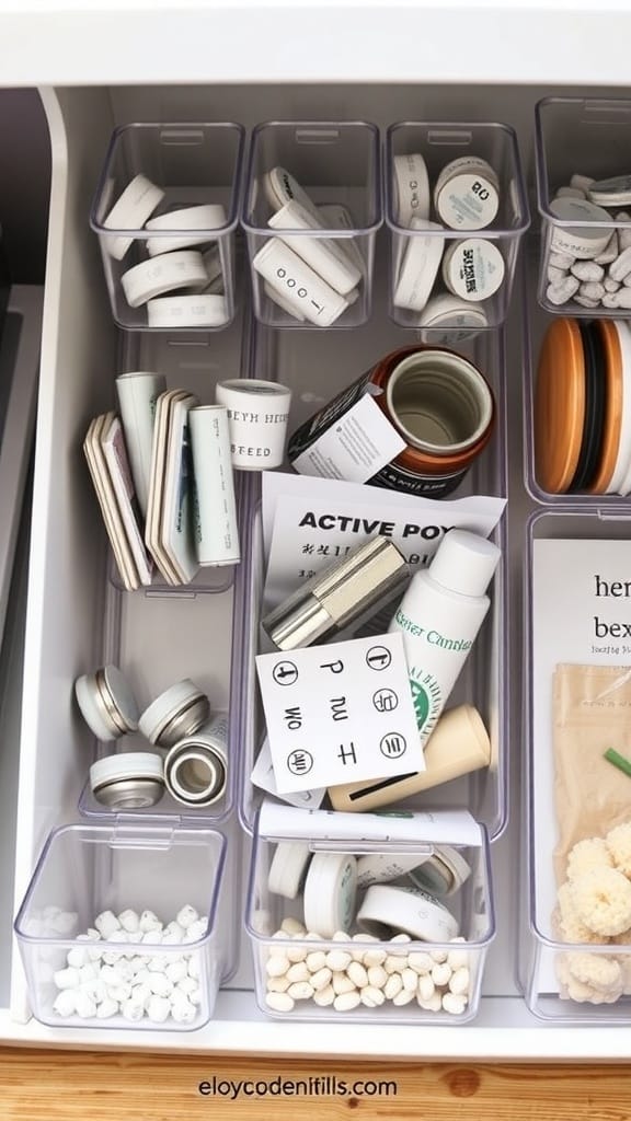 An organized drawer with clear containers holding various items like bottles and labels.