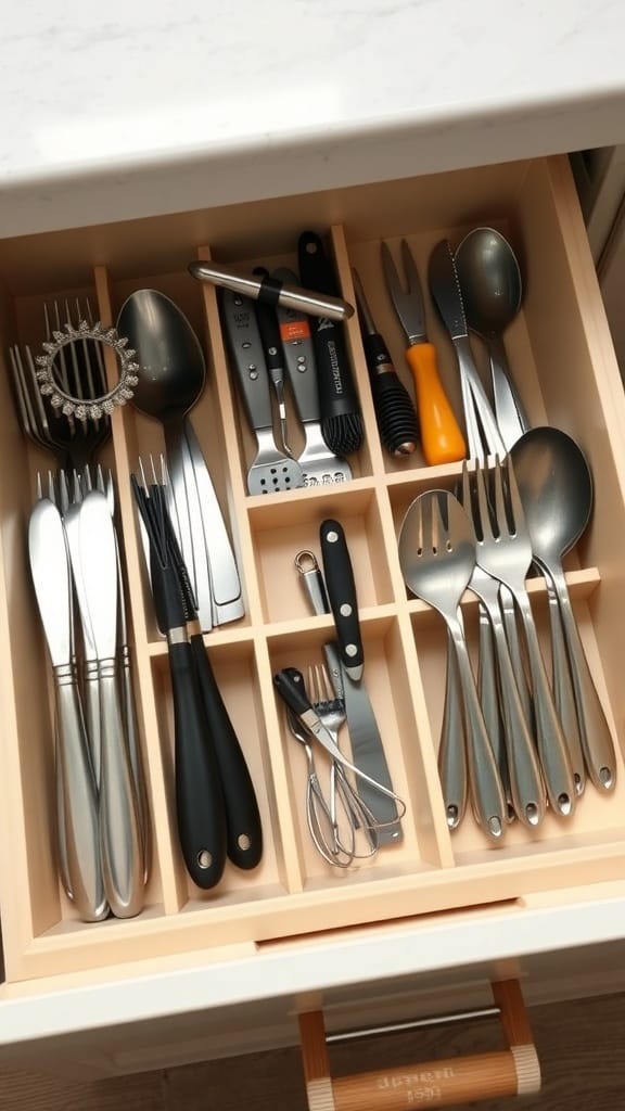 23 Brilliant Kitchen Drawer Organizing Ideas You Need to Try 5 A kitchen drawer organized with dividers, showcasing utensils like forks, knives, and spoons in separate sections.