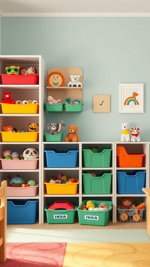 Colorful IKEA bins arranged on shelves for toy storage