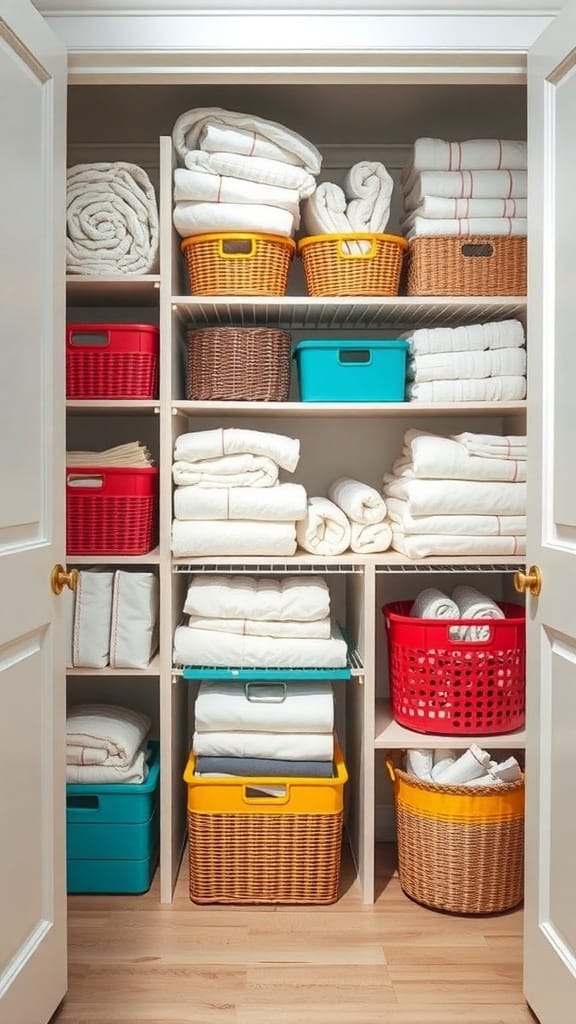21 Brilliant Linen Closet Organizing Ideas for a Clutter-Free Home 5 Organized linen closet with color-coded baskets and neatly folded towels
