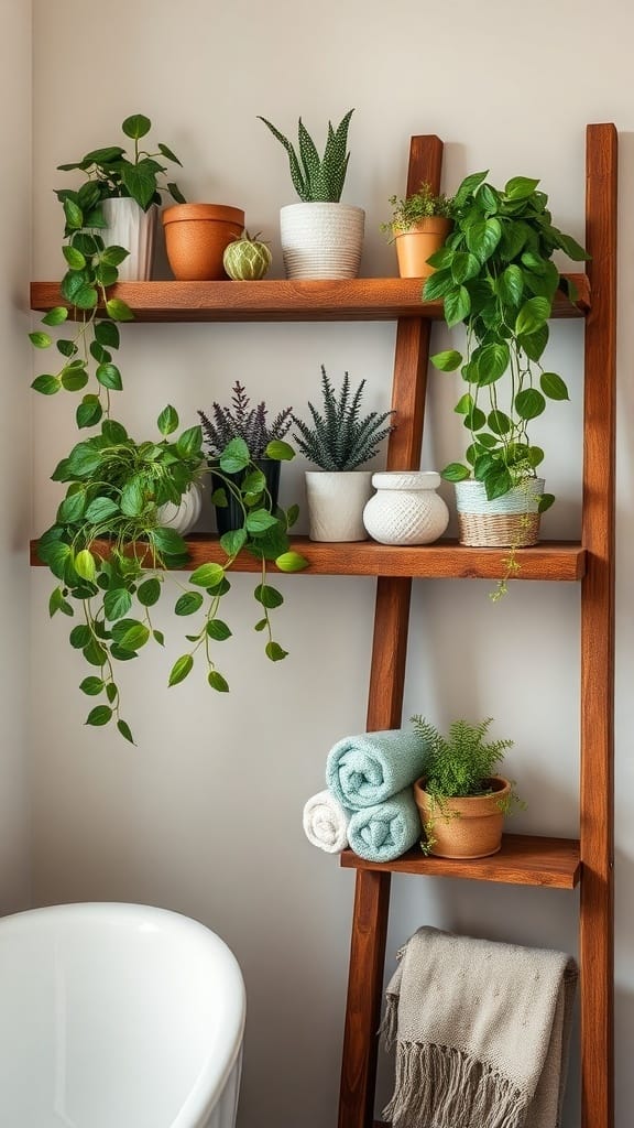 A wooden ladder shelf in a bathroom displaying various potted plants and rolled towels.