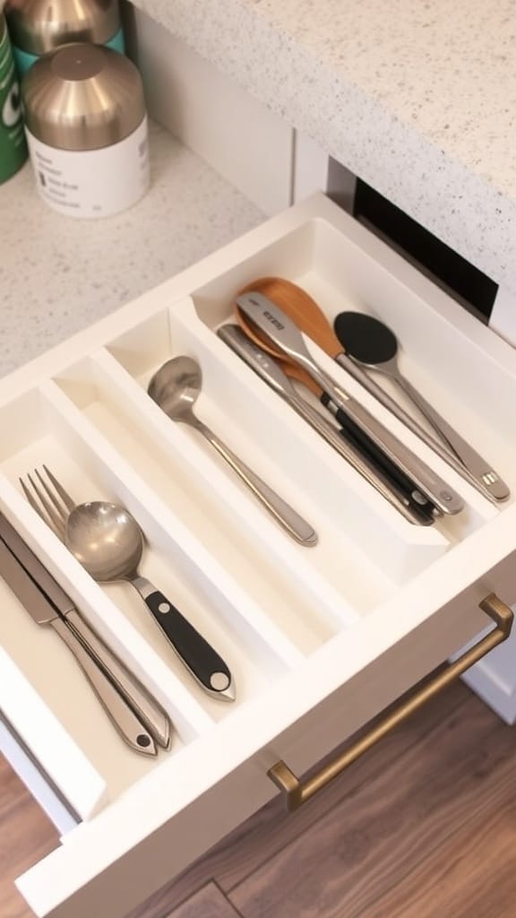 Dollar Store Organization Hacks That Actually Work: 23 Smart Storage Ideas 6 Organized kitchen drawer with foam board dividers holding various utensils.