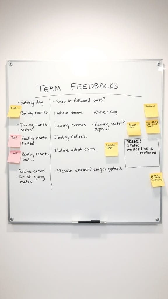 A whiteboard with sticky notes containing team feedback and suggestions.
