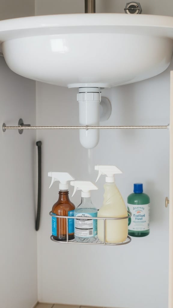 Dollar Store Organization Hacks That Actually Work: 23 Smart Storage Ideas 9 A tension rod under a sink holding a basket with cleaning supplies.