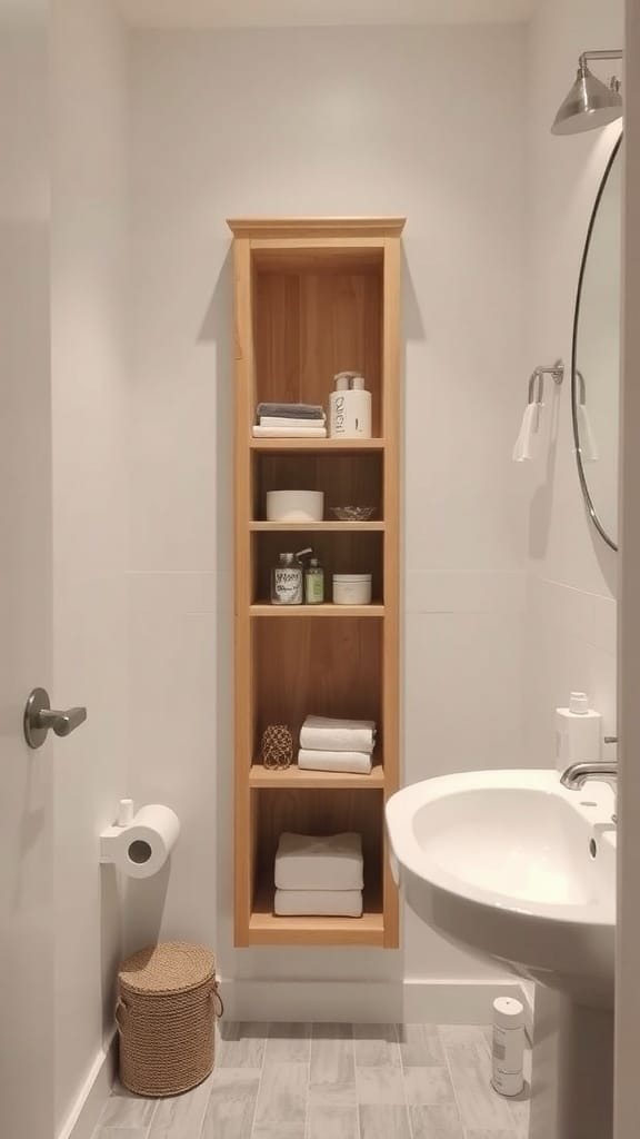 A narrow wooden cabinet in a small bathroom with shelves displaying towels and toiletries.