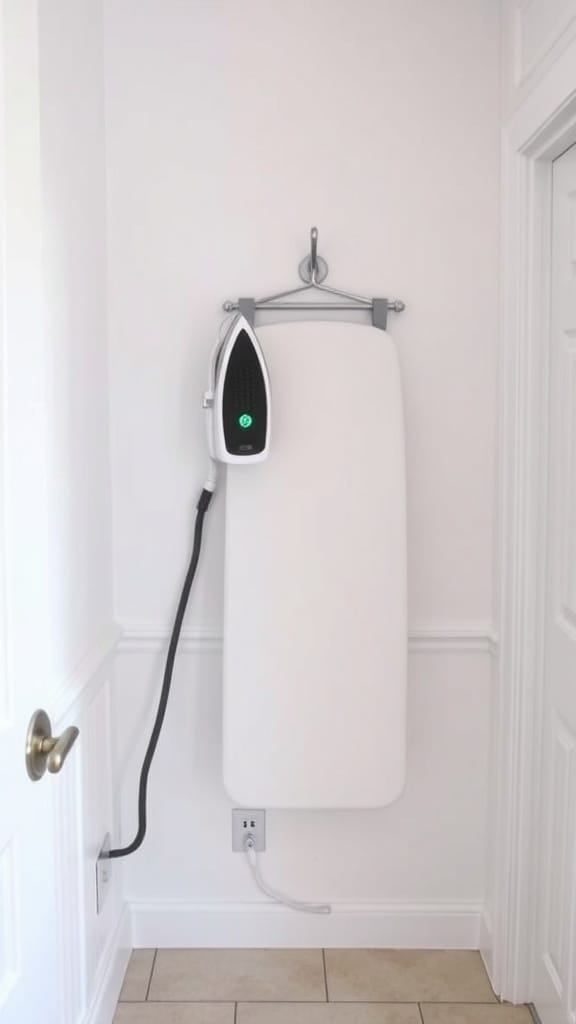A wall-mounted ironing board with a steam iron attached, showcasing a space-saving solution for laundry rooms.