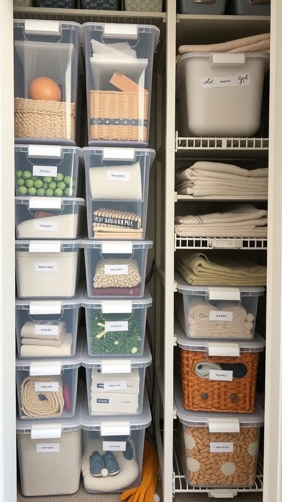 Organized closet with clear storage bins, each labeled for easy identification.
