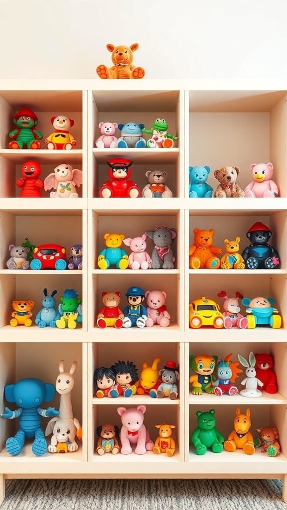 21 Creative Toy Storage Ideas for a Clutter-Free Playroom 9 Colorful cube shelves filled with various toys, showcasing a neat and organized storage solution.