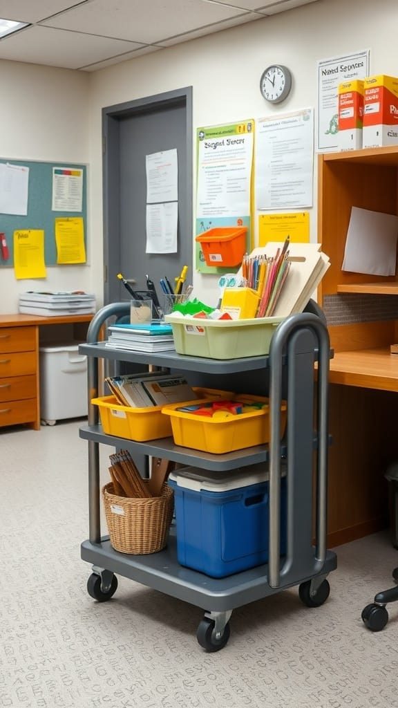 21 Creative Organization Ideas for Your School Office 5 A mobile storage cart filled with colorful bins and supplies in a school office.