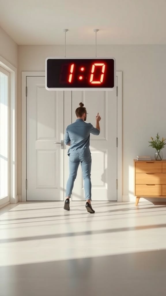 21 Genius Clutter Busting Hacks to Organize Your Home 16 A person preparing for a 10-minute tidy-up with a large digital clock showing 1:00