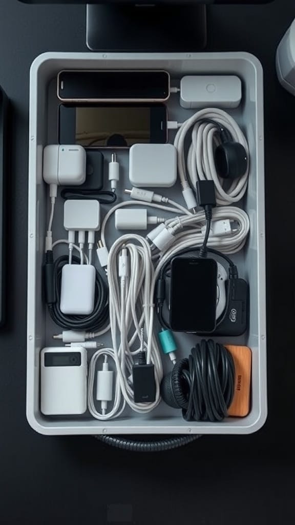 A neatly organized caddy filled with digital accessories including smartphones, chargers, and cables.