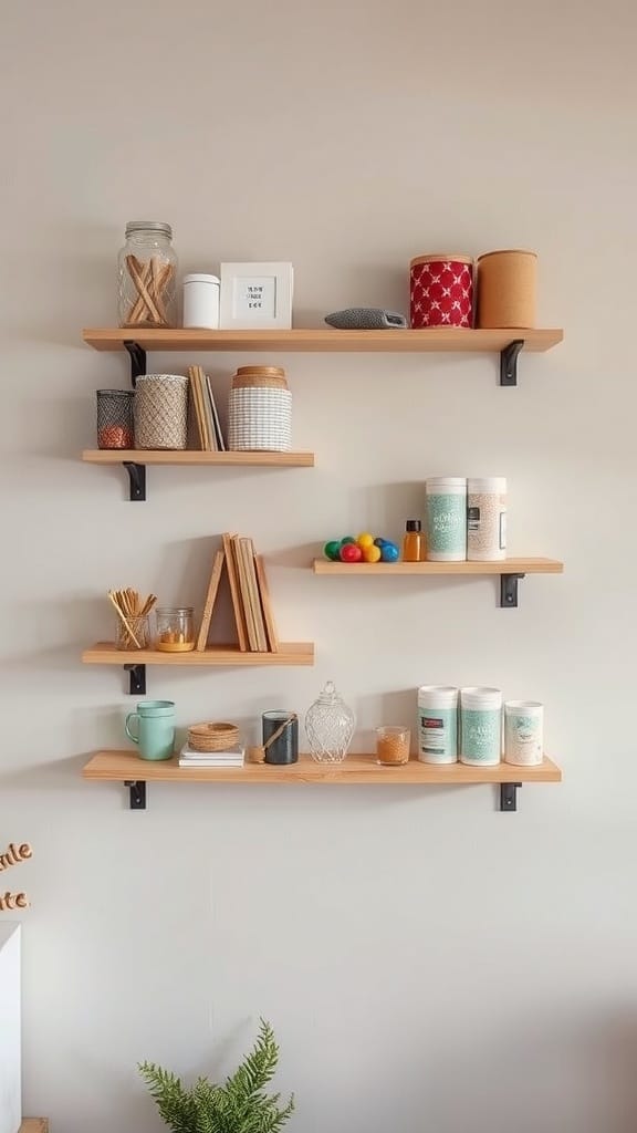 A set of wall-mounted wooden shelves displaying various craft supplies and decorative items.