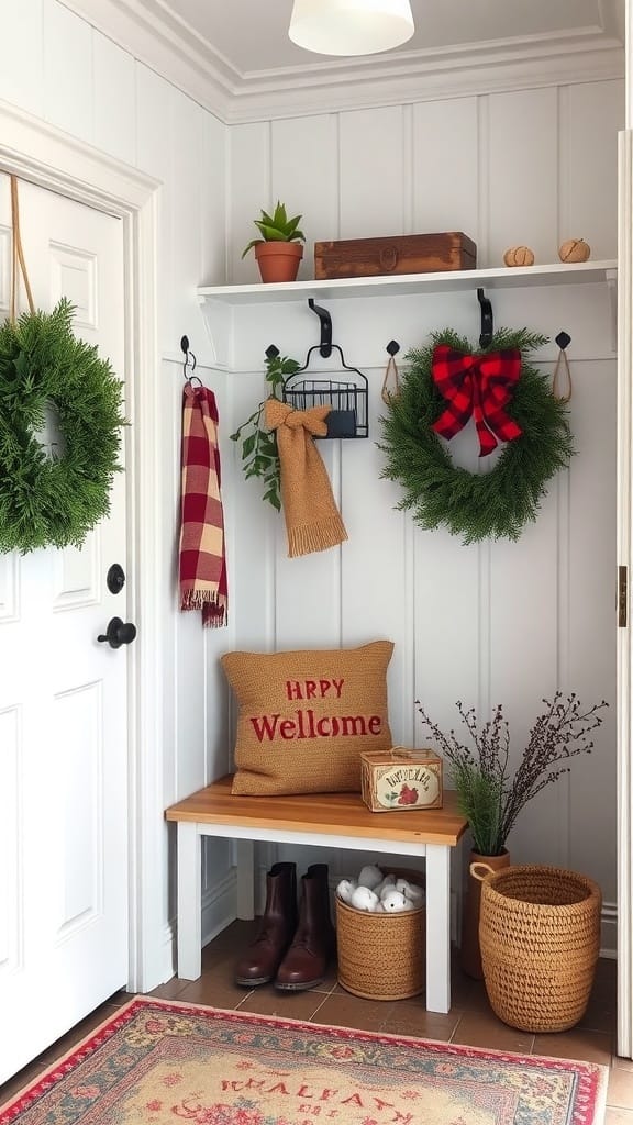A cozy mudroom with seasonal decor, featuring wreaths, a bench, and a welcoming pillow.