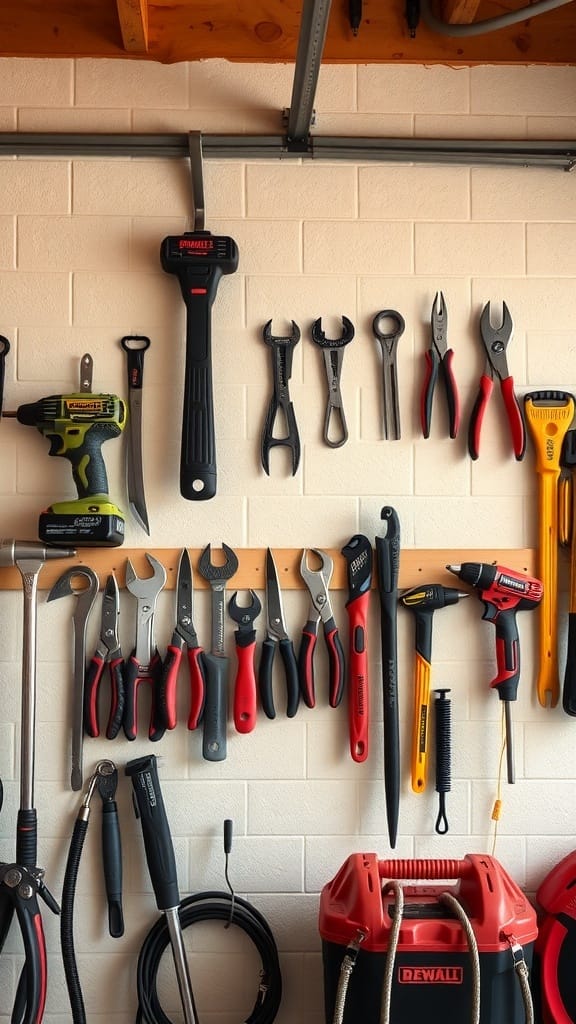 A wall organized with various tools using magnetic hangers.