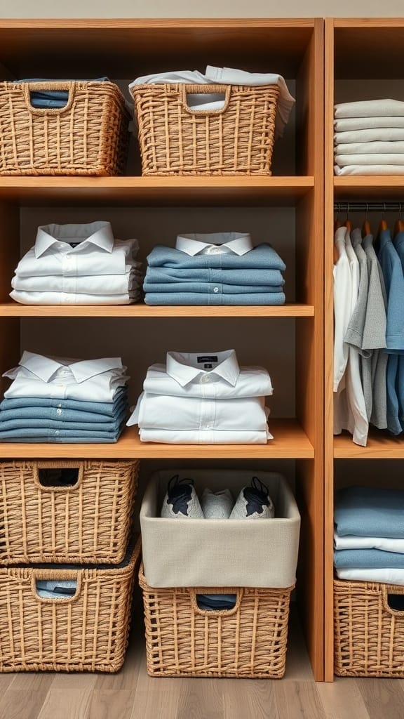 Organized shirts on shelves with woven baskets for storage