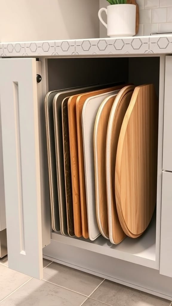 23 Brilliant Kitchen Drawer Organizing Ideas You Need to Try 3 A cabinet with vertically organized baking sheets, showcasing an efficient storage solution.